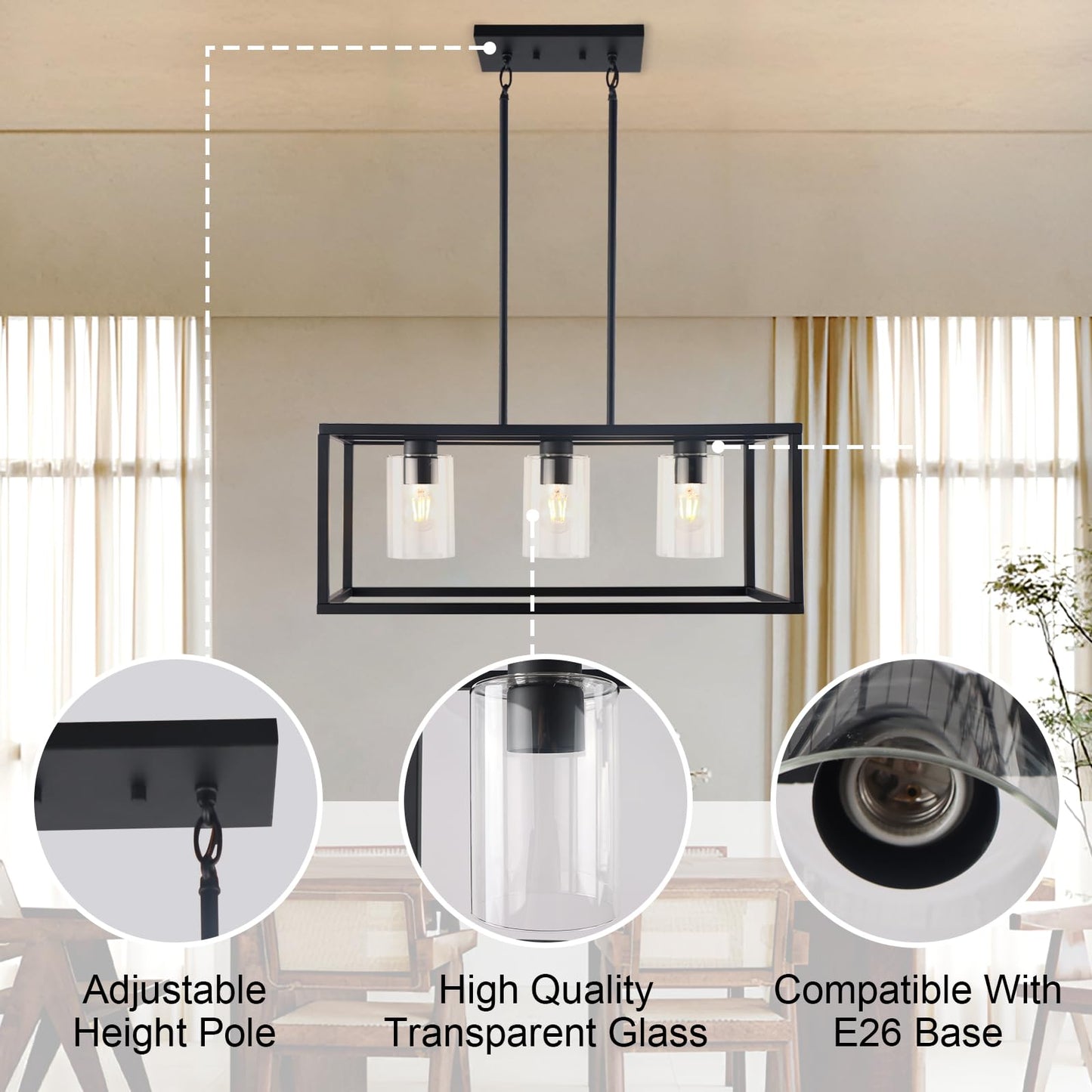 Kalium Chandeliers For Dining Room  3 Light Dining Room Light Fixture Modern Metal Industrial Kitchen Lighting Fixtures Ceiling Easy Installation Pendant Lights For Bar Restaurant-E26 Socket  Black