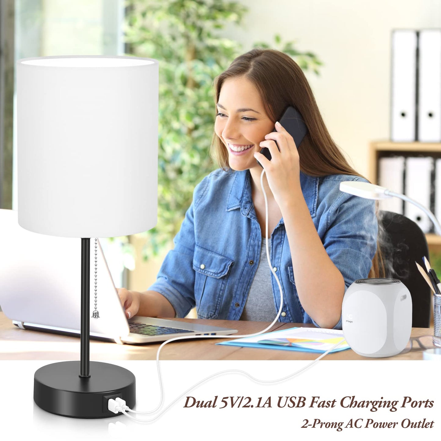 Bosceos Table Lamps Set of 2 with USB Charging Ports, White, AC Outlet, Pull Chain Switch, Model HRP-TSH06C