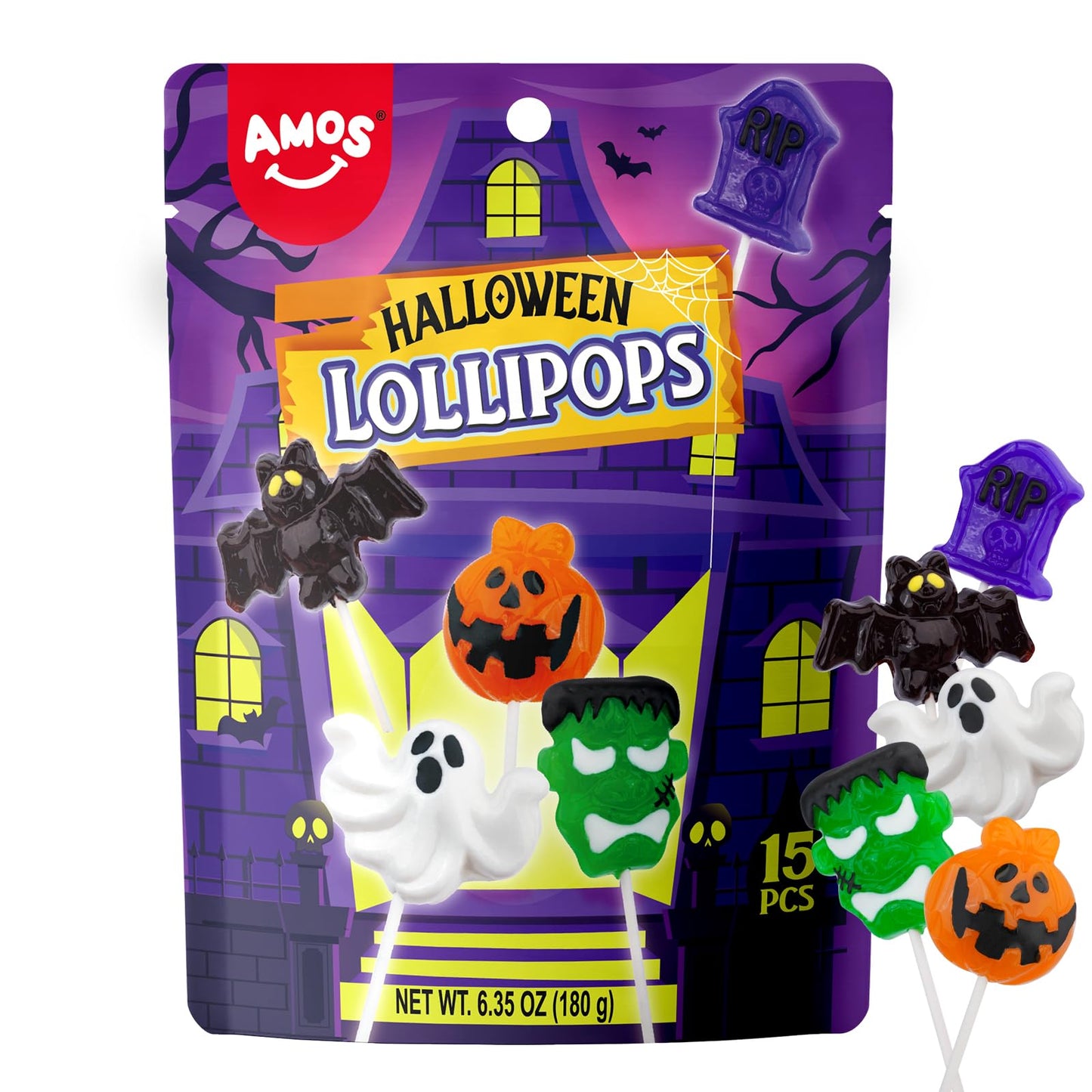 Amos Halloween Candy Lollipops, 15ct Individually Wrapped Monster Variety Suckers - Fun Trick-or-Treat Goodie Bag & Party Favor