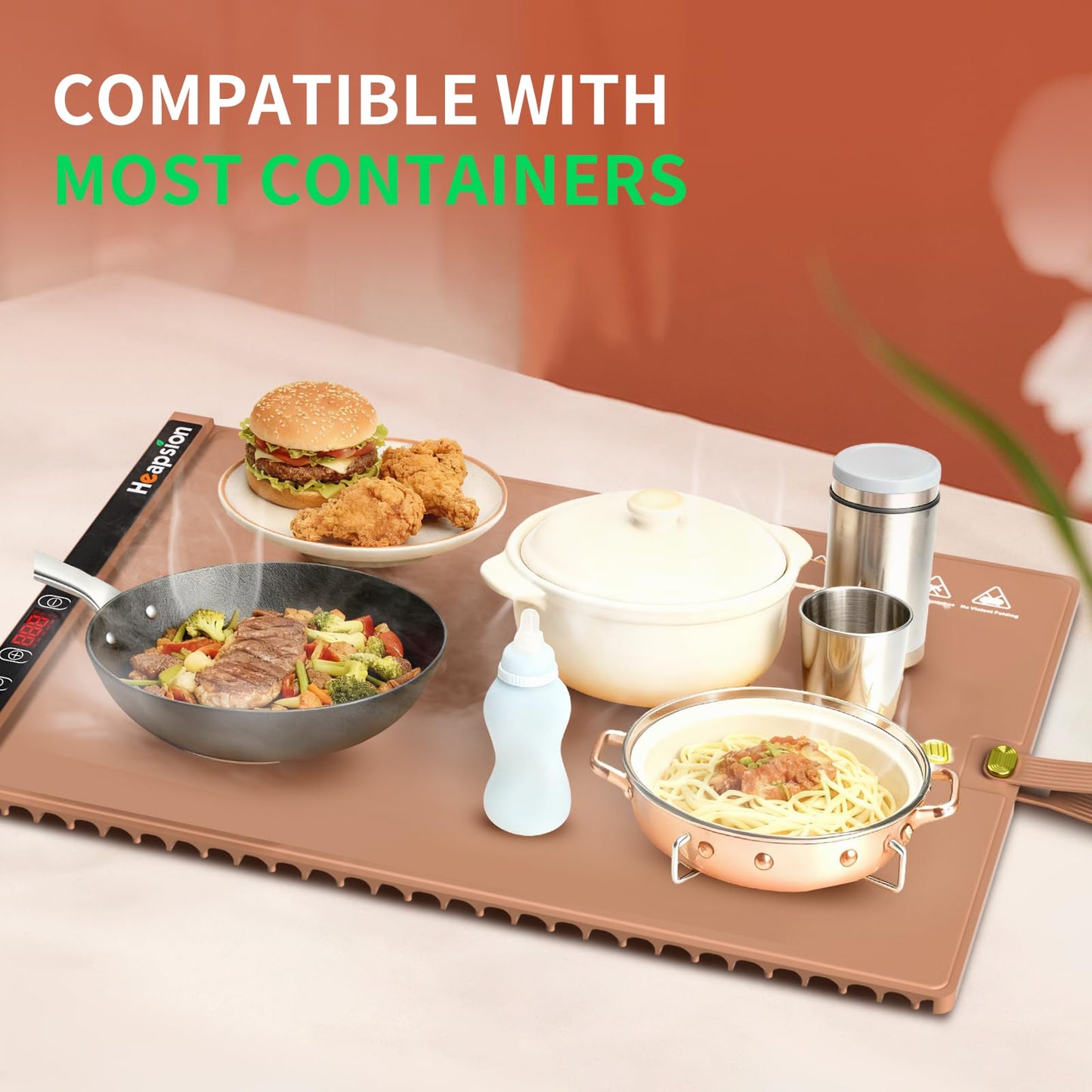 Heapsion Food Warming Mat, Electric Plate with 6 Level Temp 5 Hour Timer, 24x15'' Roll-Up Portable Warming Tray for Dinner Parties, Gatherings, and Holidays（Brown）