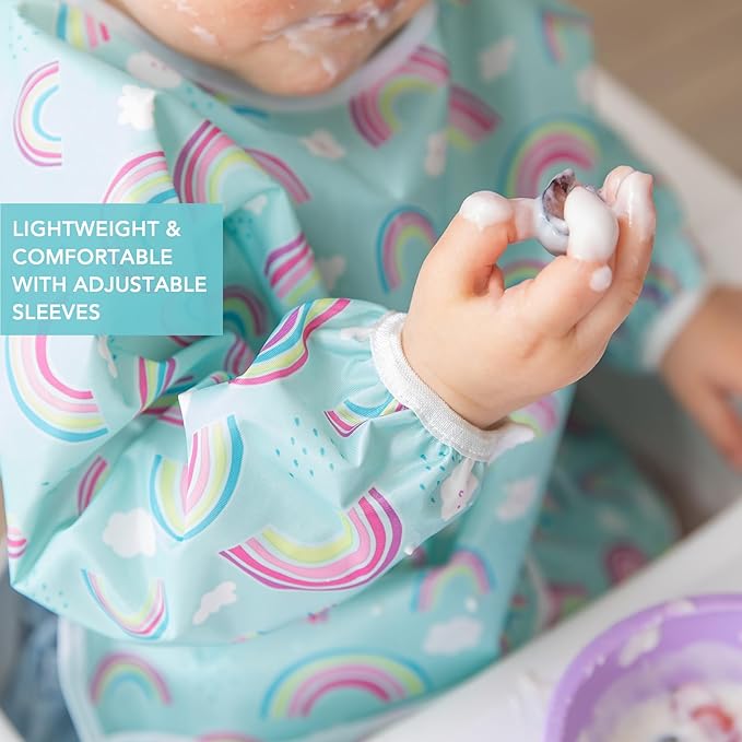 Bumkins Sleeved Bib, Waterproof Fabric, Unicorns & Rainbows, 2-pack