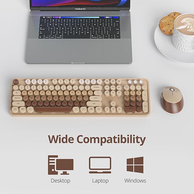 Wireless Keyboard and Mouse Set, Retro Typewriter Keyboard, 2.4GHz Full Size 104-Key Cute Keyboard with Number Pad, Colorful Keyboard with Round Keycaps for Windows PC Laptop(Coffee)