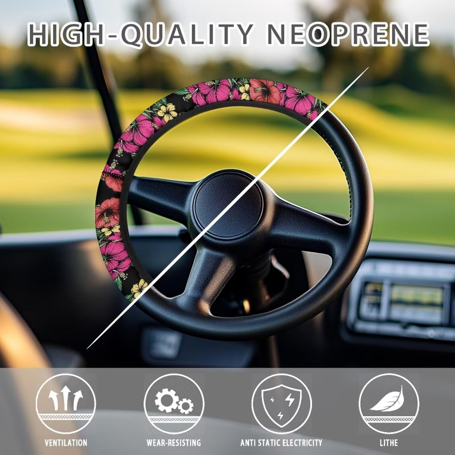 Tropical Flowers Golf Cart Steering Wheel Cover Hibiscus 13-14 Inch Golf Cart Steering Wheel Covers Universal Fit Stretchable Club Car Accessories Cooling in Summer