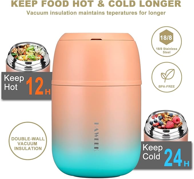 Insulated Soup Thermo 17oz - Stainless Steel Vacuum Lunch Box for Adults, Kids Leakproof Hot Food Container with Handle Folding Spoon (School Office Outdoor)