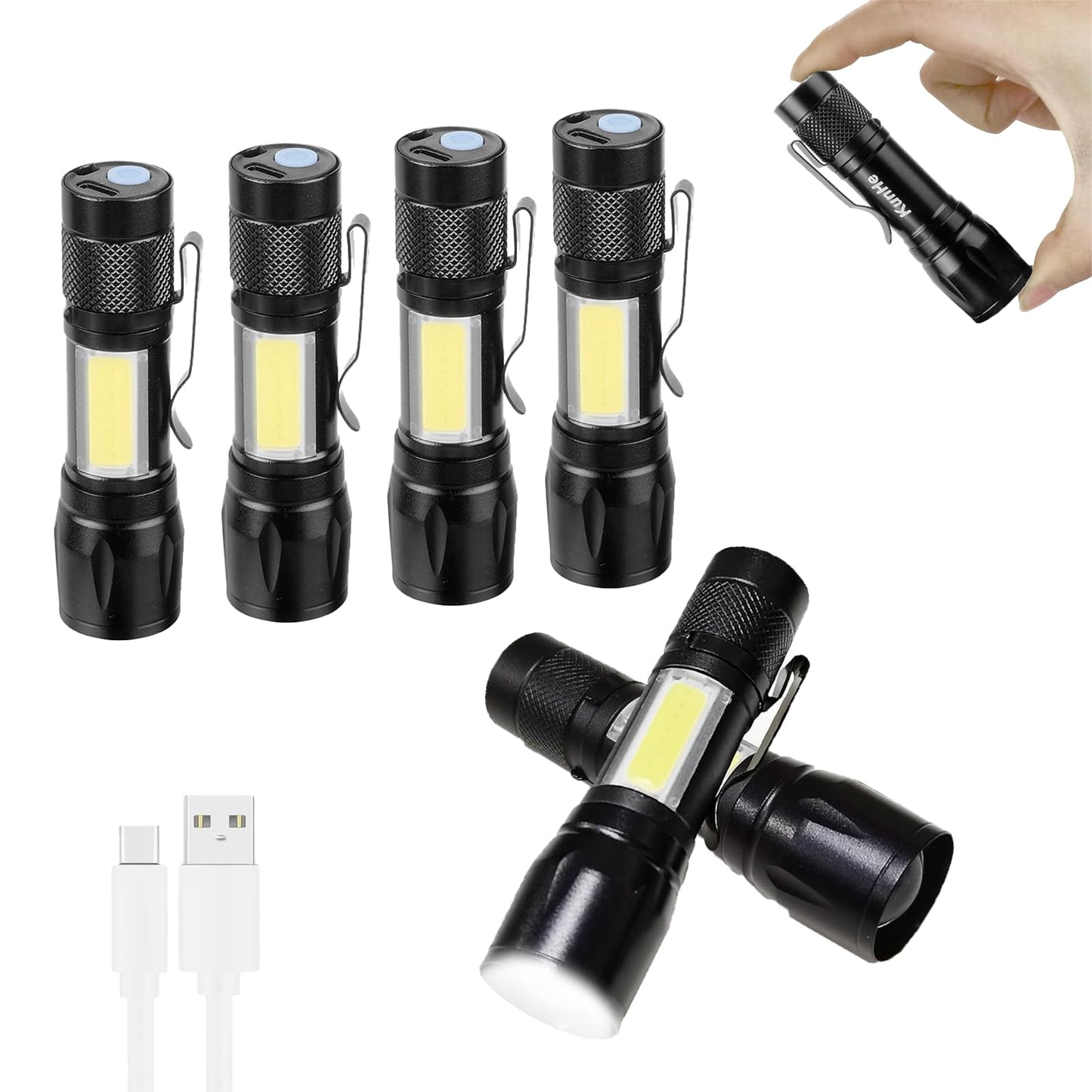 KunHe Mini LED Flashlights 6 Pack, USB Rechargeable, High Lumens, Anodized Aluminum, Black, Model 8593c