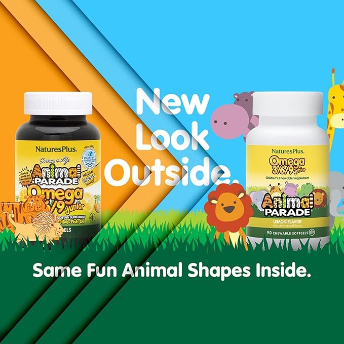 Natures Plus Animal Parade Omega 3/6/9 Junior, Lemon Flavor - 90 Softgels - Promotes Children's Immune, Skin, Eye & Nervous System Health - Non-GMO, Gluten Free - 45 Servings