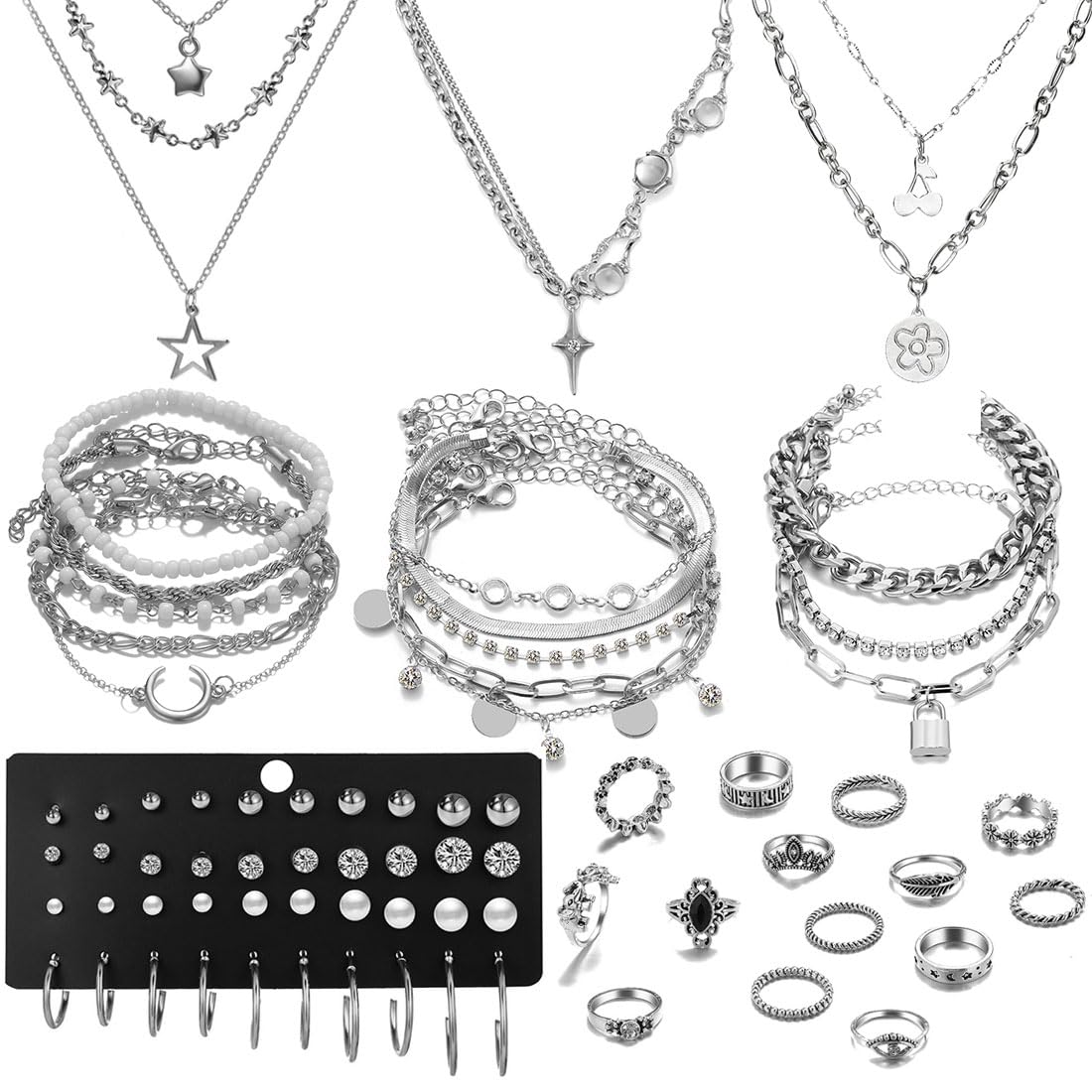IFNODO 37pcs Silver Jewelry Set With 3 PCS Necklace, 14 PCS Bracelet, 7 PCS Ear Cuffs Earring, 6pcs Hoop Earrings,7pcs silver rings set For Women For Birthday Gifts (1009-1SL)