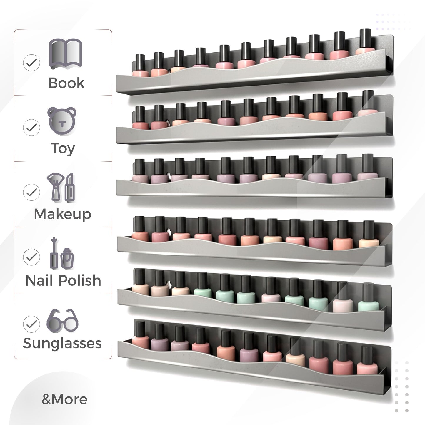 YMVV 15 Nail Polish Racks Wall Mounted Shelf,6 Pack Grey Acrylic Nail Polish Organizer Nail Supplies for Nail Techs,Great Displa