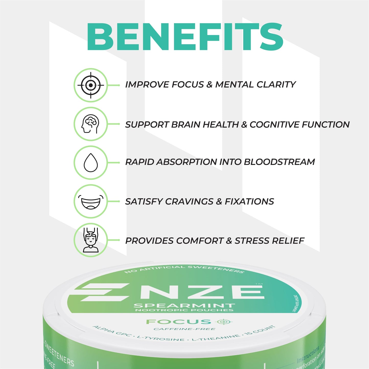 NZE Caffeine Free Nootropic Pouches (Spearmint) - Nootropic Pouches with Alpha GPC, L-Tyrosine & L-Theanine - No Sugar or Artificial Sweeteners - 15 Nicotine Free Pouches Per Can - 5 Pack