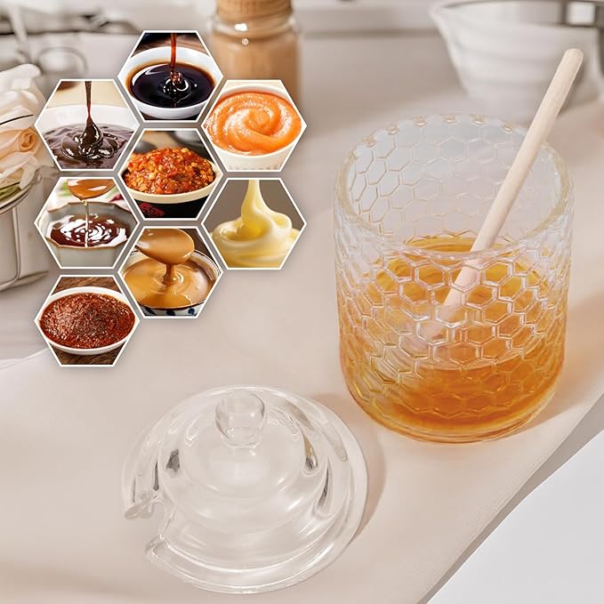 Clear Crystal Honey Pot with Dipper and Lid Glass Jar Dispenser Holder Syrup Container for Home Kitchen,9 oz, 2 Dippers Sticks Set, Containers Kitchen, Home, Storage