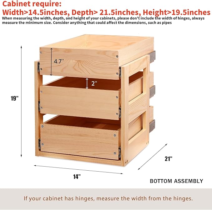 Pull Out Drawers For Cabinets, 14''W×21''D×19''H Soft Close Slide Out Wood Shelves Storage Organizer for Kitchen, 3-Tier, Finished, Heavy-Duty, Bottom Assembly