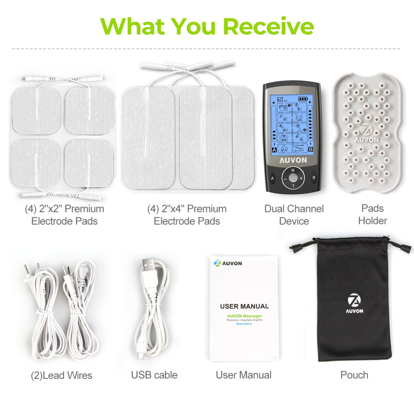AUVON Dual Channel TENS Unit Muscle Stimulator Machine with 20 Modes, 2" and 2"x4" TENS Unit Electrode Pads (Black)