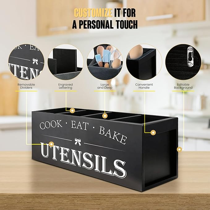 Kitchen Utensil Holder For Countertop With 4 Compartments - Kitchen Organizer Countertop, Extra Large Utensil Holder, Cooking Utensils Holder - Black