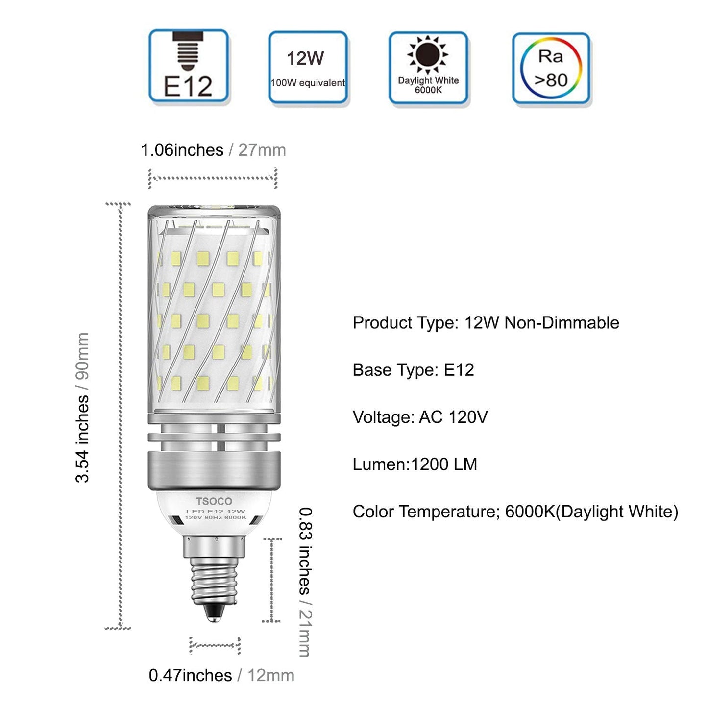 TSOCO E12 LED Bulbs, 12W Non-Dimmable Chandelier Light, 100W Equivalent, 1200LM, Pack of 3, Daylight White