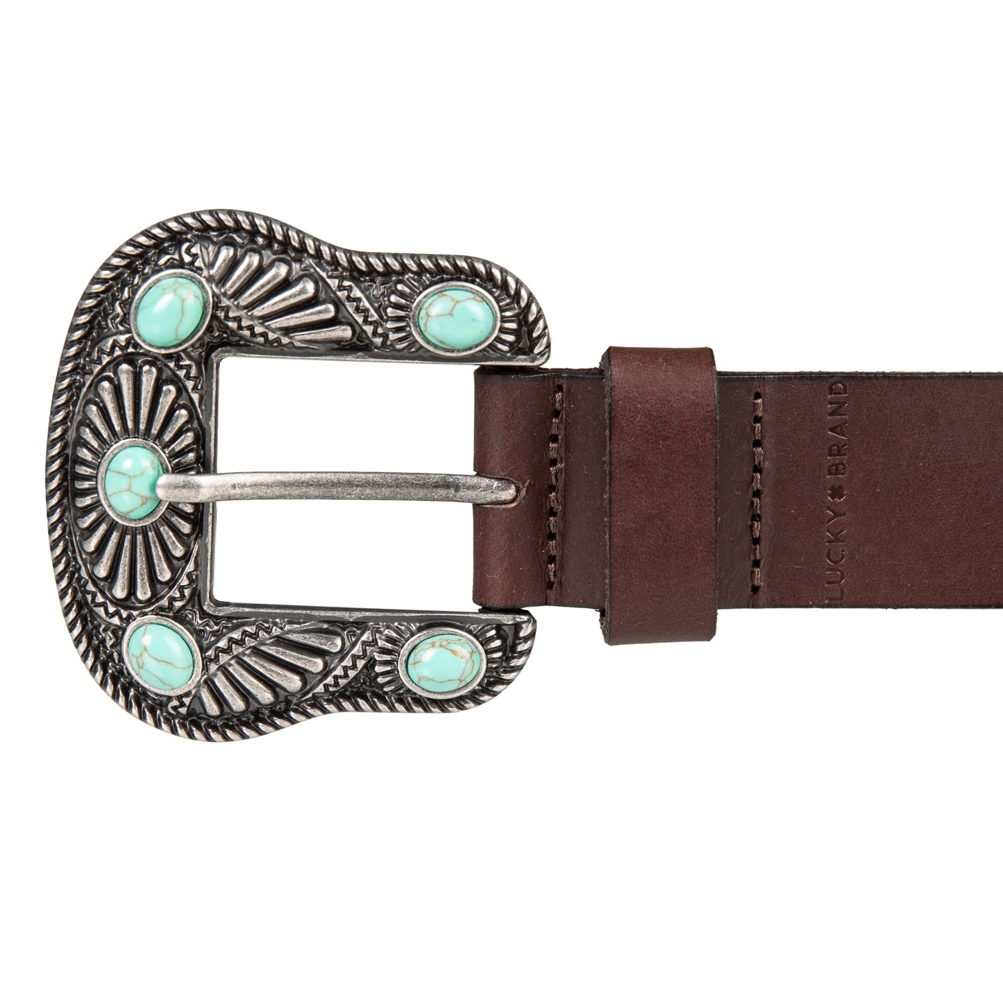 Lucky Brand Women Western Style Fashion Leather Belt with Metal Buckle, Turquoise Stud-Brown, Small