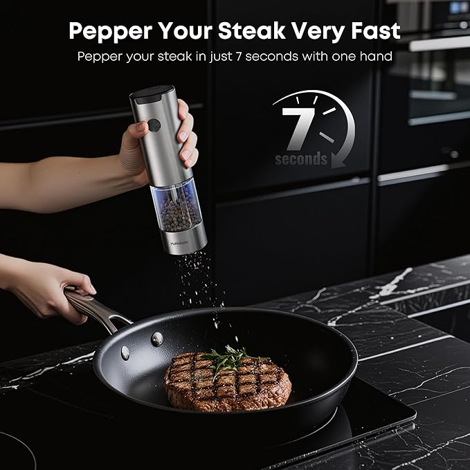 Electric Salt and Pepper Grinder One-hand Operated, Adjustable Coarseness, Stainless Steel body Ceramic Burrs,Pepper Shakers Mills with LED Light,House Warming Cooking Gift