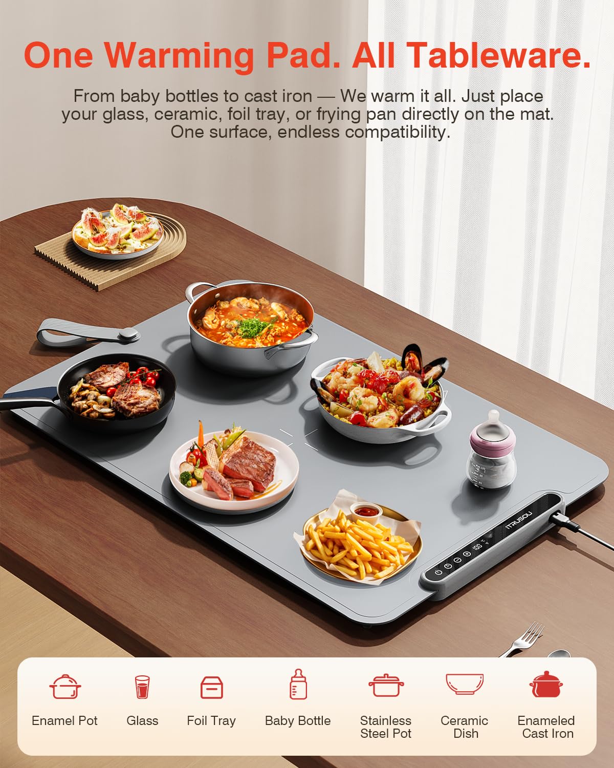 Warming Mat for Food, iTRUSOU Electric Warming Tray 99H Continuous Heat,7 Temp Settings,Patented Full-Surface Heating,°F/°C Switch,Flexible Roll-Up Food Warmers for Parties Buffet,Everyday Use