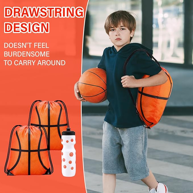 Talltalk 4 Pcs Basketball Party Favors 24 oz Basketball Water Bottle Gift for Basketball Team with Drawstring Bag Basketball Tumbler Cup Sports Themed Accessories for Event Gift Supplies