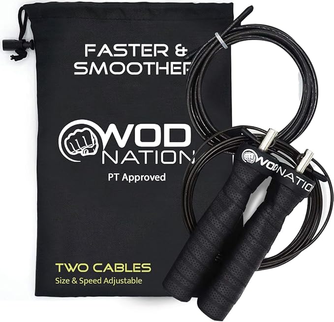 WOD Nation Attack Speed Jump Rope : Adjustable Jumping Ropes : Unique Two Cable Skipping Workout System : One Thick and On...