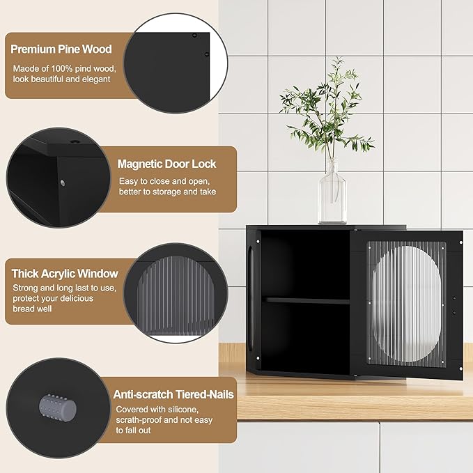 Corner Bread Box, Solid Wood Double Layer Adjustable Large Capacity, Farmhouse Vintage Kitchen Countertop Organizer with Acrylic Window, Black