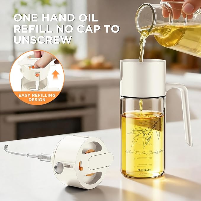17oz/500ml Premium Olive Oil Sprayer for Cooking, 2 in 1 Glass Olive Oil Dispenser Bottle for Kitchen Gadgets, Spray Bottle with Portion Control for Salad, Frying, BBQ (White)
