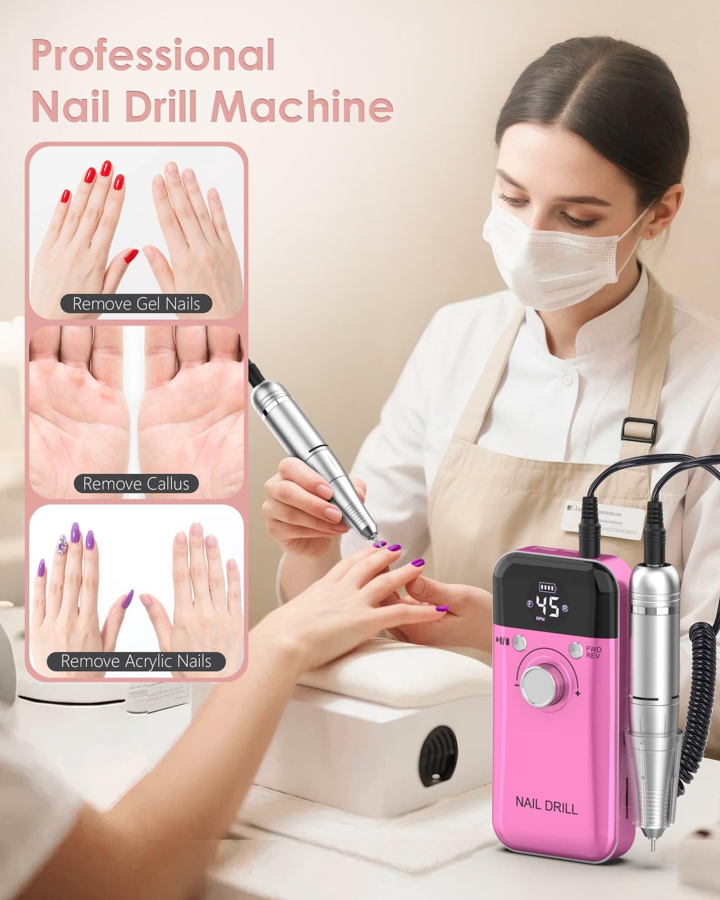 Portable Nail Drill Professional: 45000 RPM Rechargeable Electric Nail Drills Machine with 6 Bits, Drill para Uas Profesional E