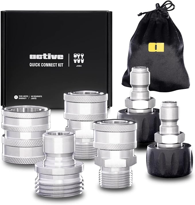 Active M22-14mm Pressure Washer Quick Connect Kit, 304 Stainless Steel M22-14mm to 3/8" Male to Female Quick Disconnect Ki...