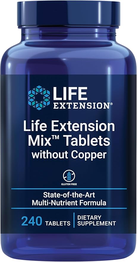 Life Extension Mix™ Tablets Without Copper, high Potency, Advanced Vitamin, Mineral, Fruit & Vegetable Formula, Vitamin B, C, D, E, for Whole-Body Health, Healthy Aging, Gluten-Free, 240 Tablets