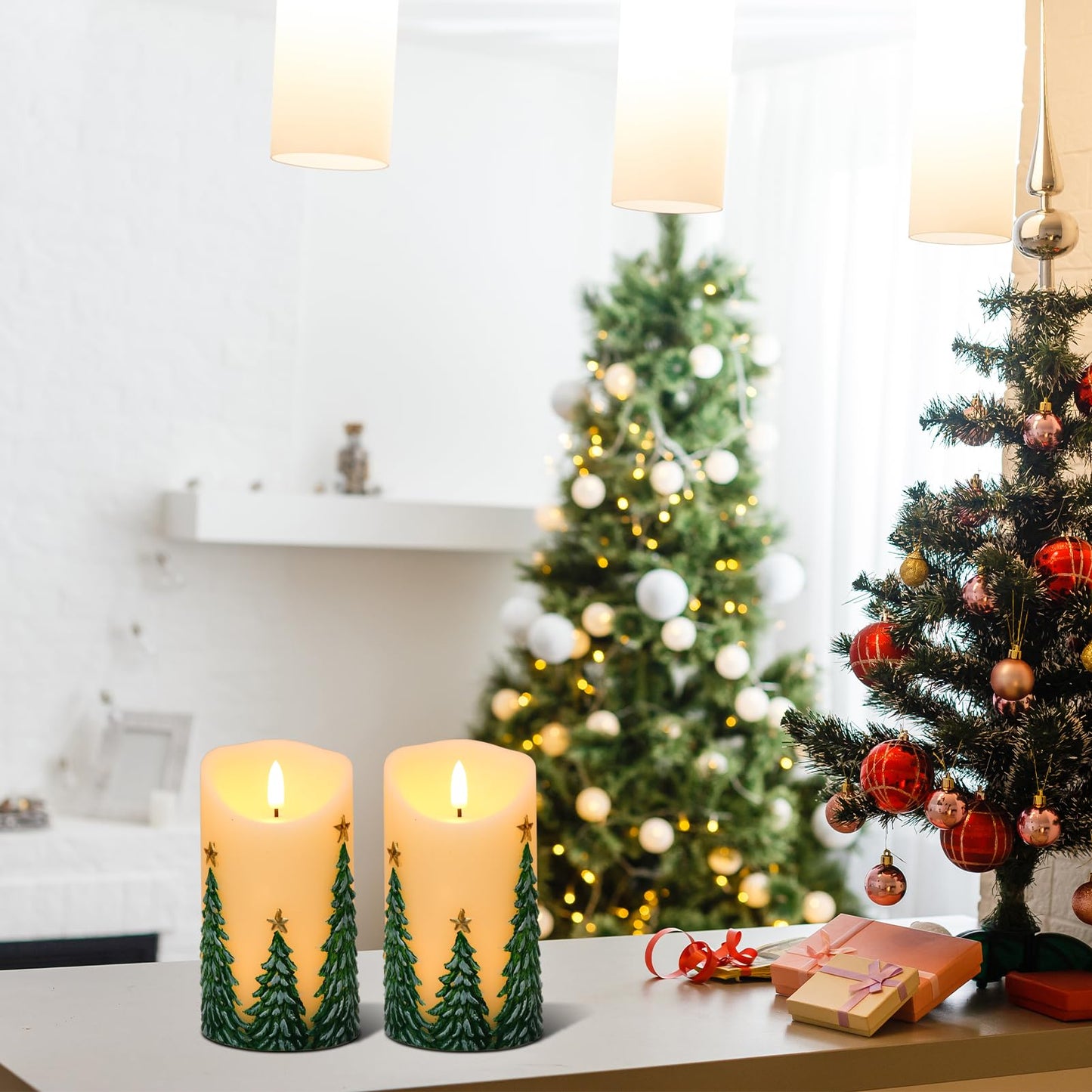 Wondise Christmas Flameless Candles with Timer, Battery Operated Flickering 3D Wick Real Wax Christmas Tree Candles for Christmas Holiday Indoor Decoration, Set of 2, Ivory(D3 x H5.7 Inch)