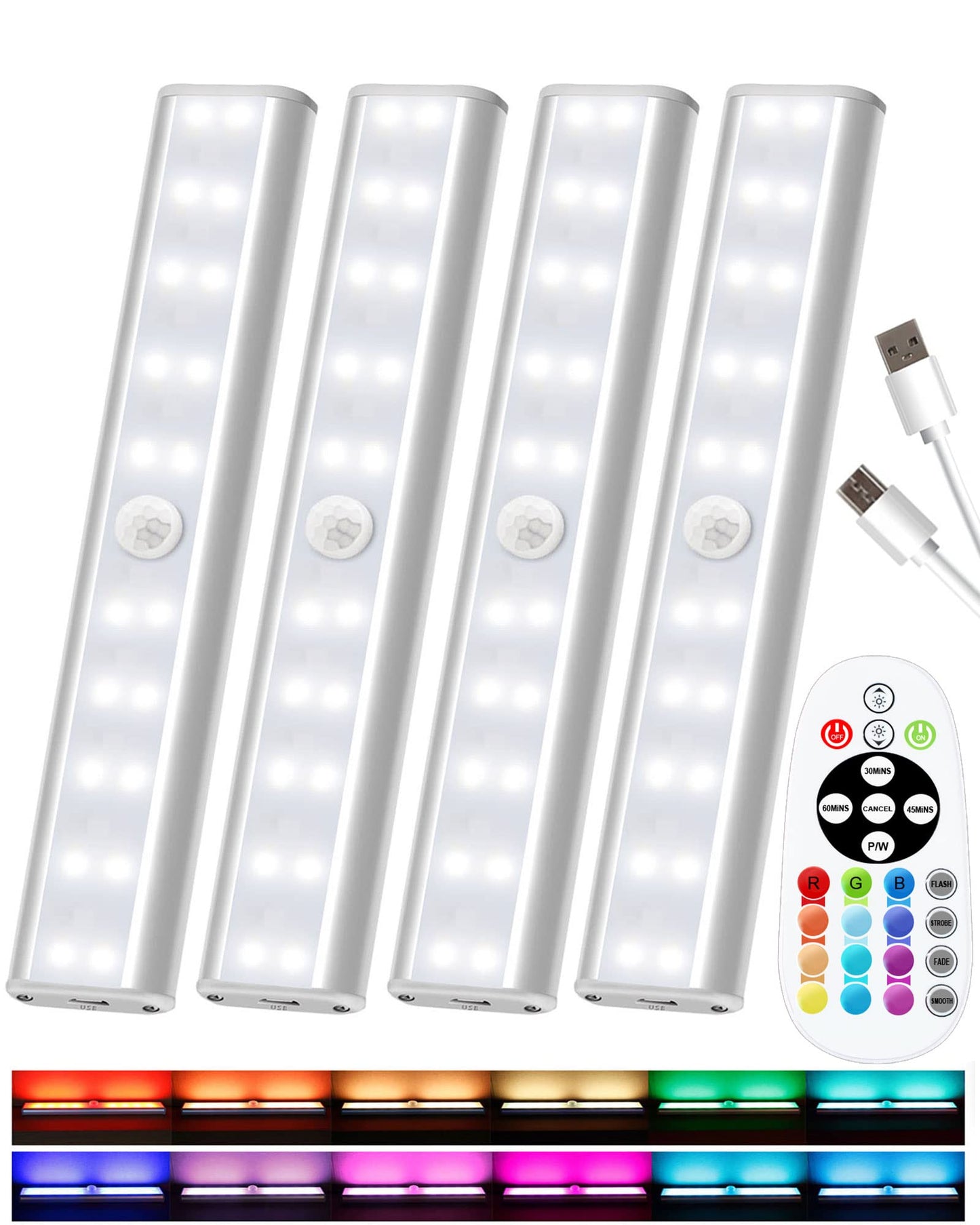 SZOKLED Under Cabinet Lights 48LED Rechargeable Wireless Remote Control Dimmable RGB 15 Color Changing Model RD10-4 4 Pack