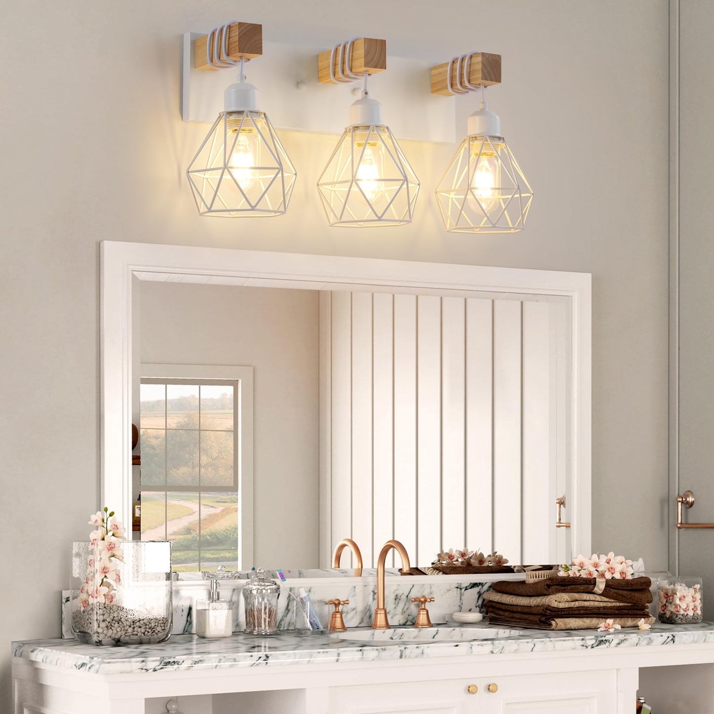 Farmhouse Vanity Light For Bathroom  3-Light White Wood Bathroom Vanity Light Fixtures Over Mirror  Rustic Sconces Wall Lighting With Metal Lampshade For Living Room  Bedroom  Hallway