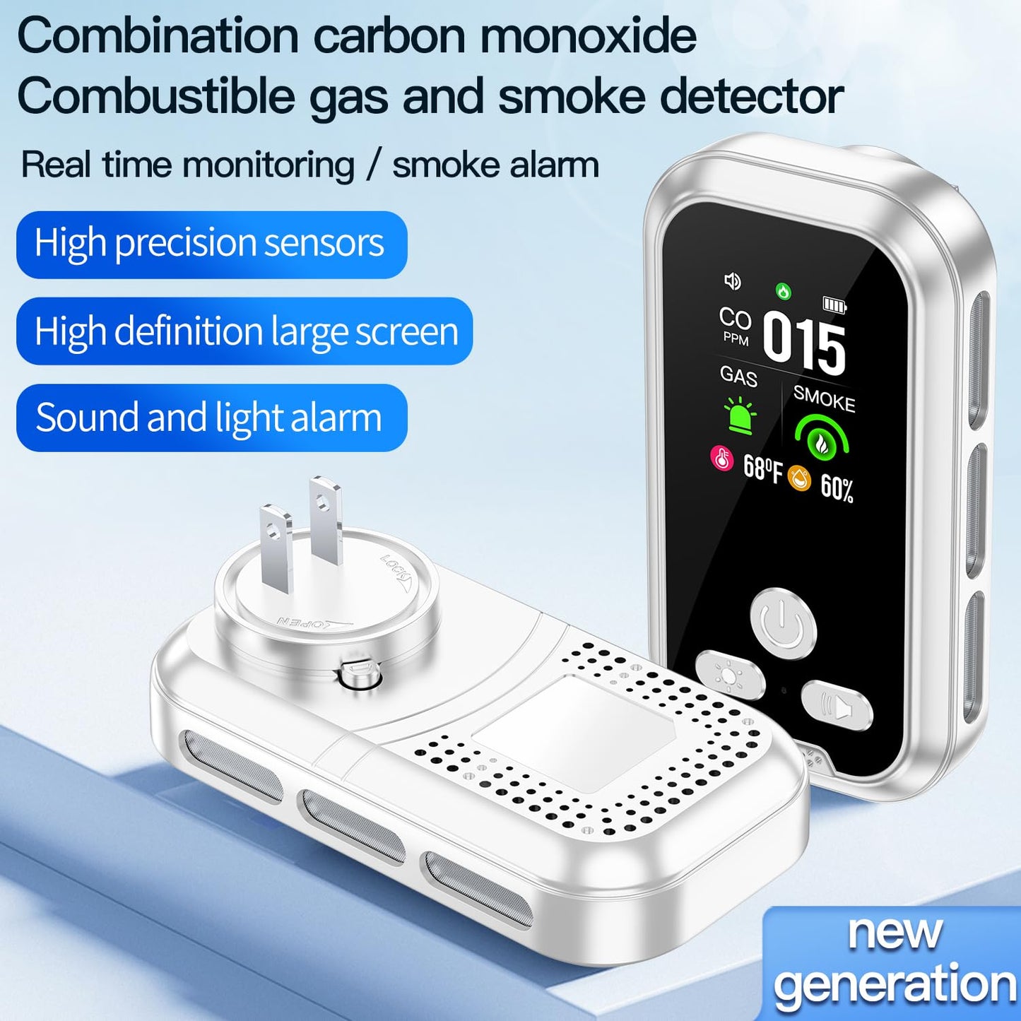 HAKINAKU 2Pack 5IN1 Plug in Smoke & Carbon Monoxide Detector & Combustible Natural Gas Combination Builti-in Backup Battery HD Screen [Smoke Gas CO Temp Humidity Sensor] for Home Hotel Travel (White)