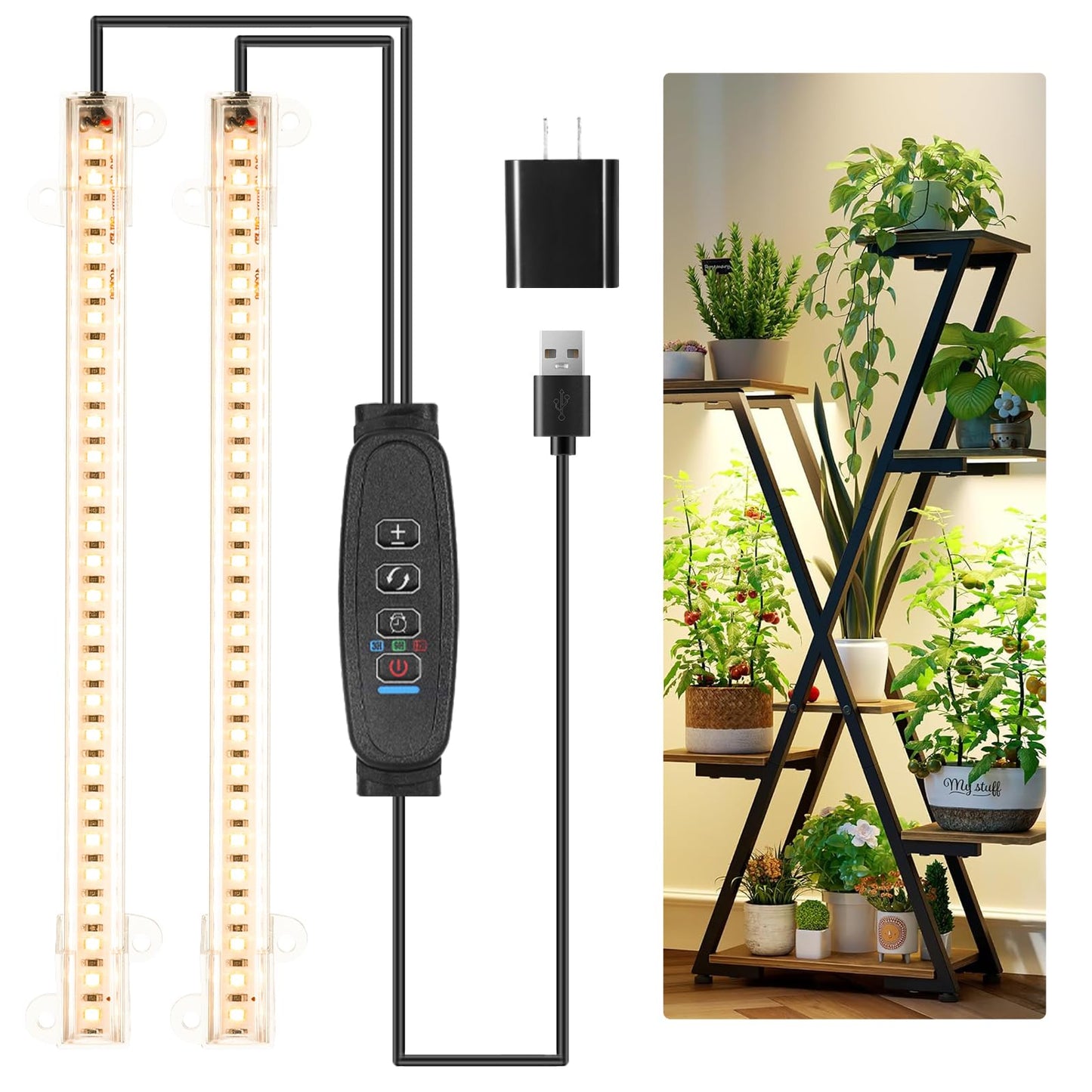 JhauvMw LED Grow Light Strips, Full Spectrum 3500K, 2 Head, Timer, Dimmable, Aluminum, 1-Pack