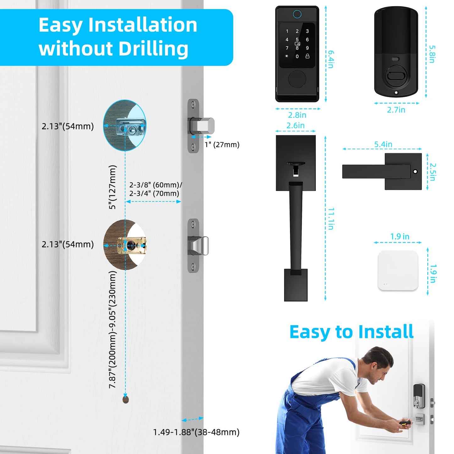 WiFi Front Door Lock Set - Miuedo Keyless Entry with Handle Keypad, Smart Deadbolt, Fingerprint, Auto Lock, Code, Fob, Remote Control - Black