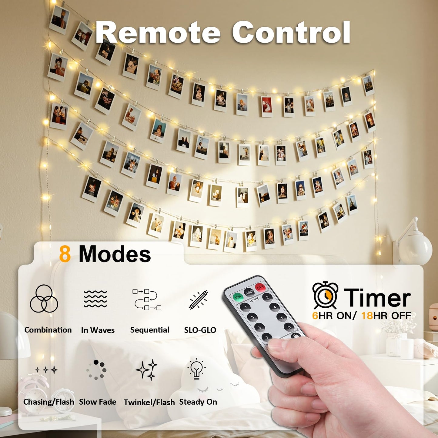 SUDDUS Fairy Lights 16ft 50LED, Warm White, Battery/USB Operated, Photo Clips, Remote Control, Waterproof for Indoor Outdoor Decor