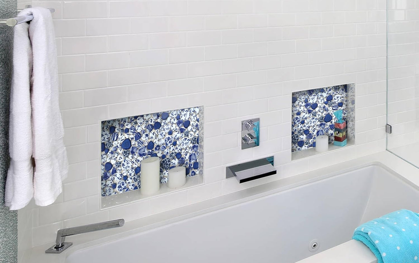 Blujellyfish Blue & White Pebble Tile Porcelain Mosaic Tiles for Art Deco (Pack of 5)