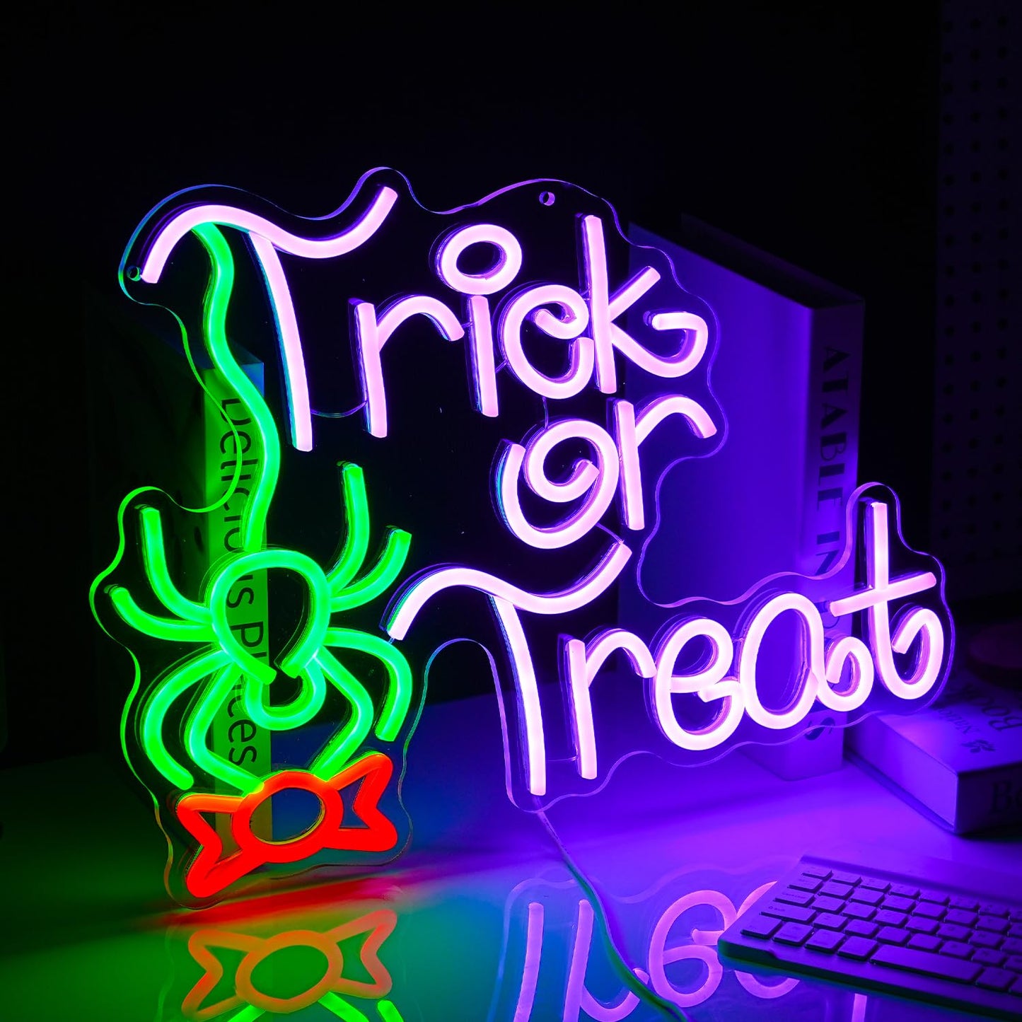 LIUOZHTEA Neon Sign - Trick Or Treat LED Light, Dimmable, Halloween Decor, 16.7 x 12.8 inches, Green Red Purple, Acrylic