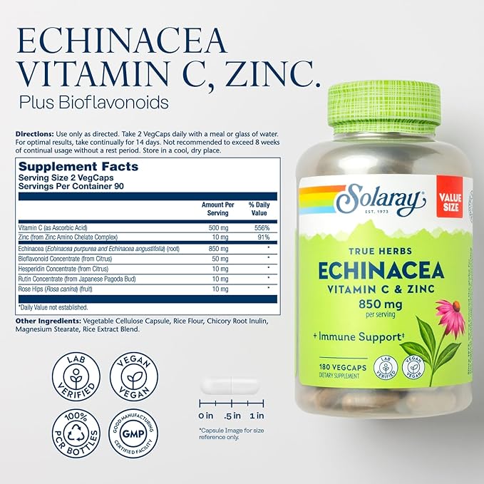 SOLARAY Oil of Oregano Softgels and Echinacea, VIT C & Zinc Immune Support Supplement - Oregano Oil and Echinacea Capsules w/Vitamin C 500mg Plus Bioflavonoids, Vegan, 60-Day Guarantee, 120ct/180ct