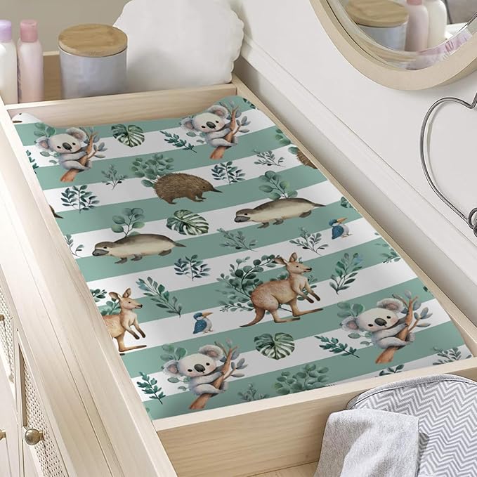 Baby Australian Animals Baby Changing Pad Covers for Boy Girl 32''x16'' Cute Koala Green Tropical Leaves Fitted Diaper Change Table Sheets Baby Animals Stripes Soft Breathable Baby Changing Table Mats