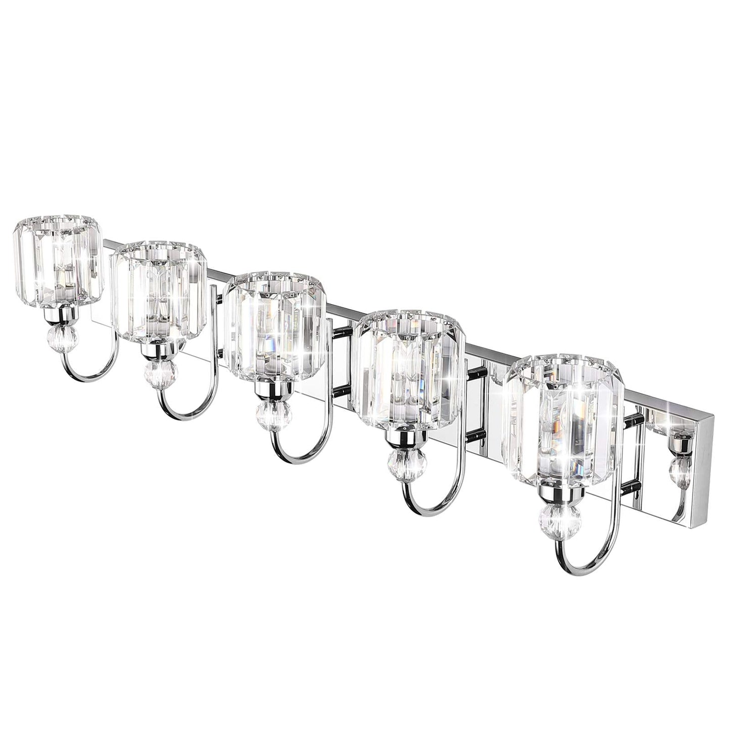 Ralbay 5-Light Modern Led Crystal Bathroom Vanity Lights, Stainless Steel Over Mirror Fixture, Round-Chrome Finish, Model 8600