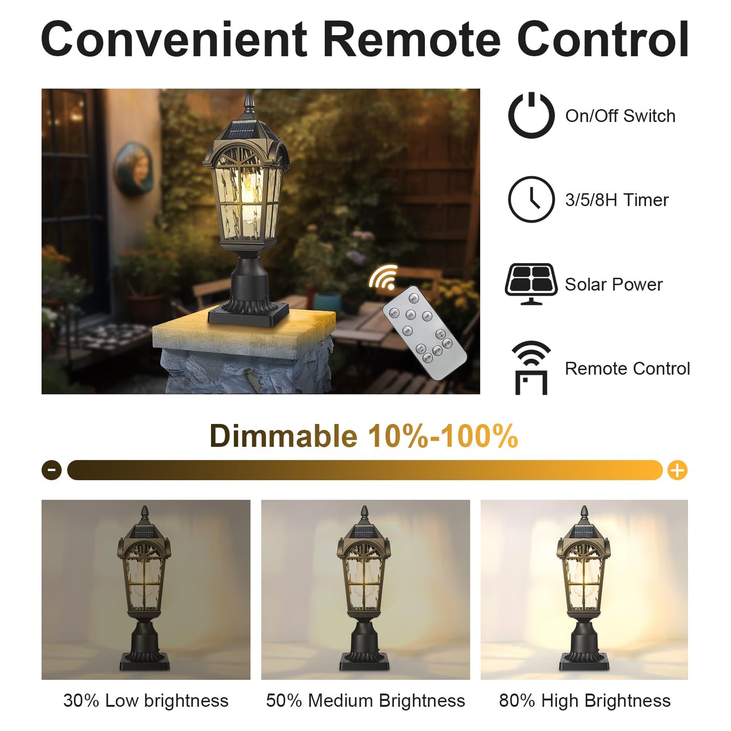 Starcurin Solar Post Lights with Remote Control, Aluminum Pillar Lantern, Weatherproof, Dusk to Dawn, 9Y3P Model