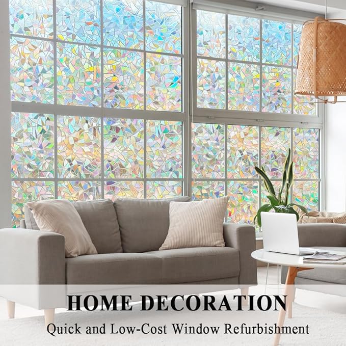 3D Prism Window Film,Transparent Decorative Glass Film Window Door Tint,Rainbow Effect Static Cling Heat Control Anti UV for Kitchen,Dining Room,Bedroom,Living Room,35 inches by 157 inches