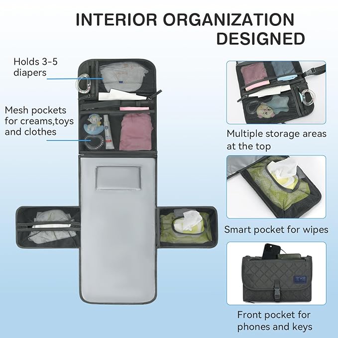 2-in-1 Diaper Changing Pad with Detachable Storage, Quilted Design, Waterproof, Travel-Friendly