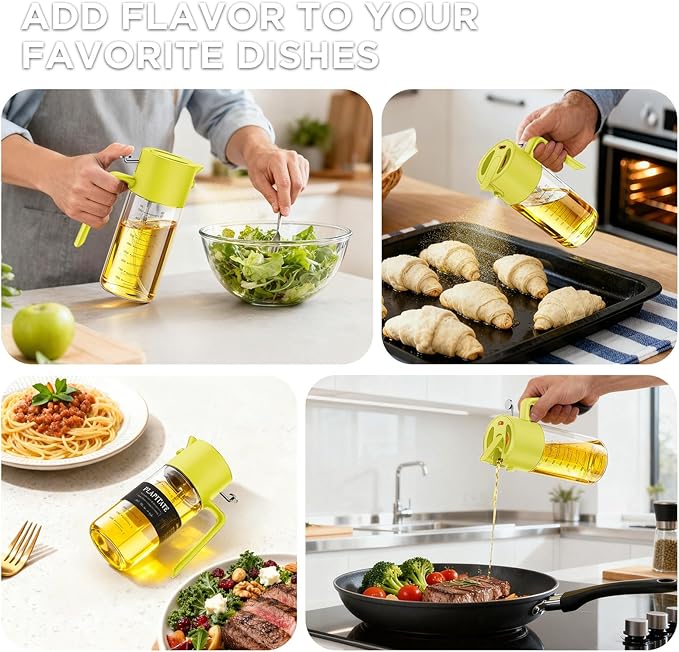 17oz/500ml Premium Olive Oil Sprayer for Cooking, 2 in 1 Glass Olive Oil Dispenser Bottle for Kitchen Gadgets, Spray Bottle with Portion Control for Salad, Frying, BBQ (Lime Yellow)