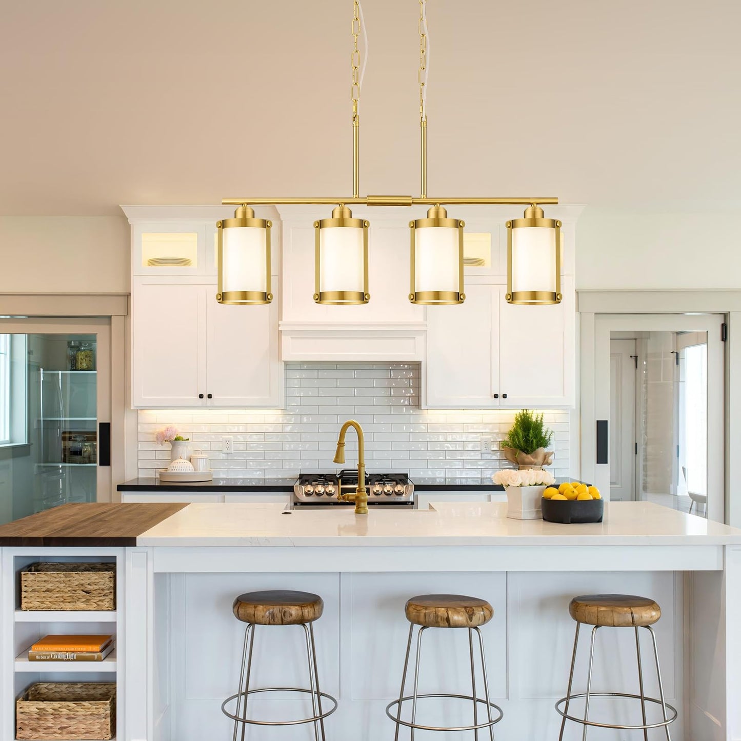 Osimir 4-Light Kitchen Island Lighting  Brushed Gold Linear Dining Room Light Fixtures With Frosted Glass  Modern Mid Century Chandelier Pendant Light For Kitchen Island Dining Room  Os-3014-4Isbgw