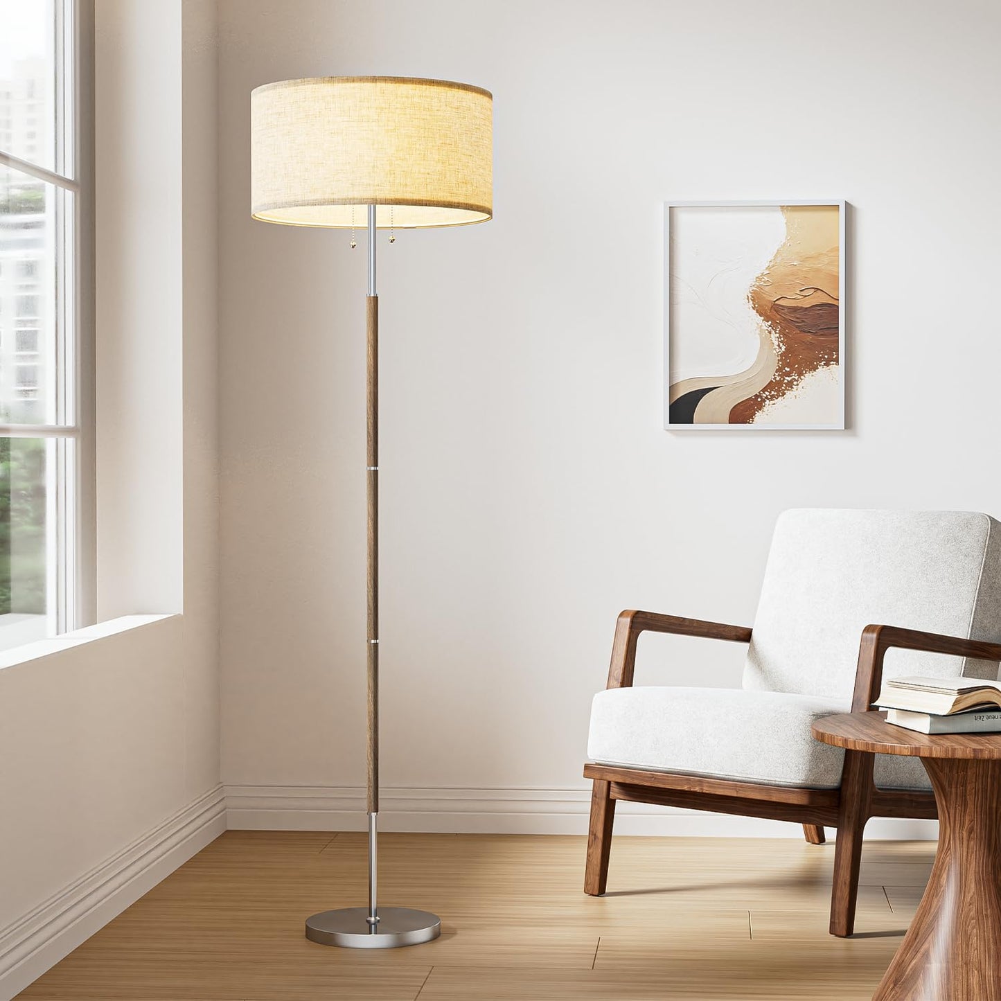 Karjoefar 2-Light Floor Lamp, Nickel Silver & Beige, Mid Century Design, 3 Color Temperatures, Model DFP03