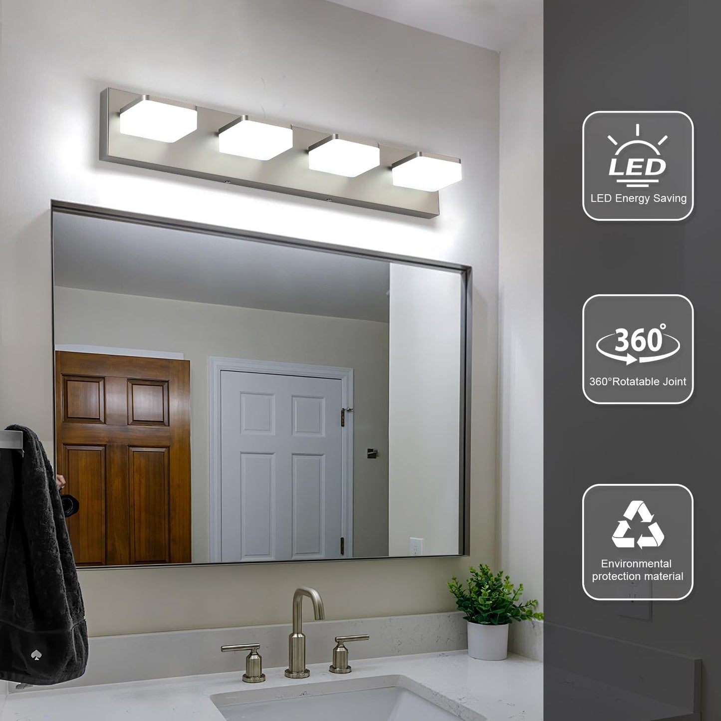 Bicrink Led Vanity Light Fixture For Bathroom  4-Light Brushed Nickel Bathroom Light Over Mirror  Modern Vanity Lighting Wall Light Fixtures