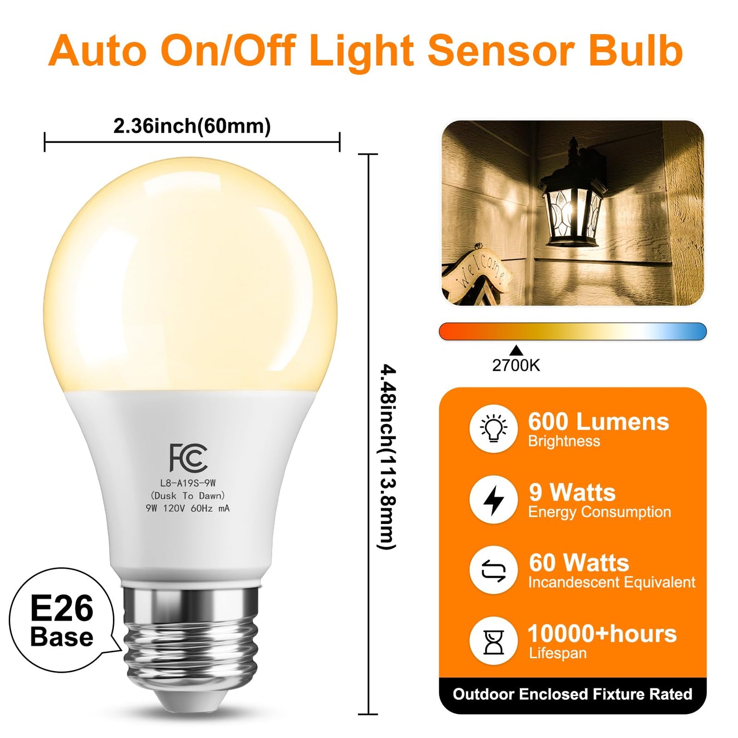 TJOY Dusk to Dawn Light Bulbs, 8 Pack, LED Photocell Bulb, 9W Energy Efficient, Soft White 2700K, E26 Base, Model QASN