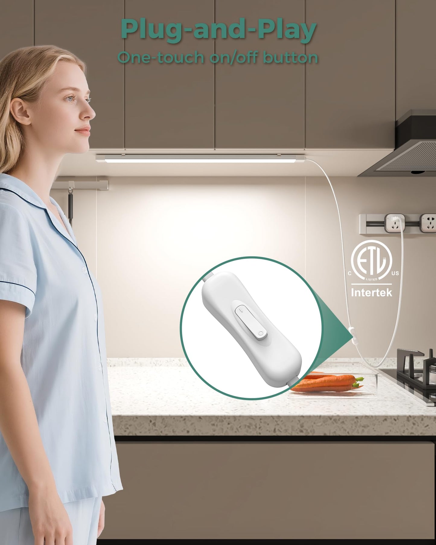 Asoko 25Inch Under Cabinet Lights Plug And Play Under Counter Lighting 6000K Cool White With 1000Lm Super Bright Etl Light Bar With On/Off Switch For Kitchen Under Desk Workbench