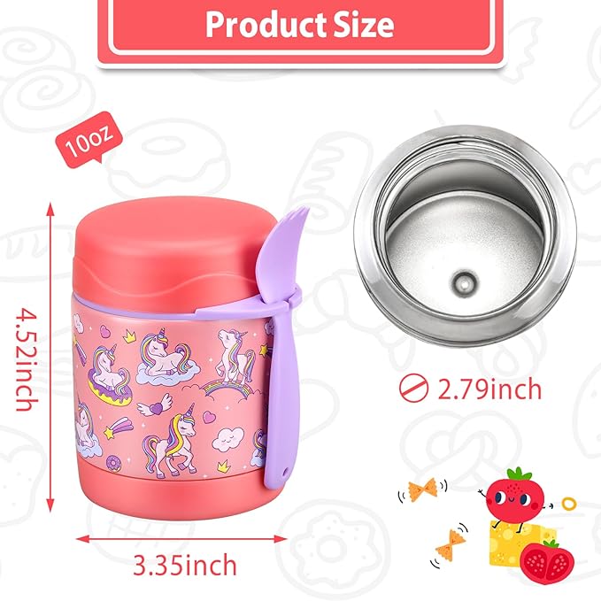 Kids' Lunch Insulated Food Jar with Spoon - 10oz Stainless Steel, Leak Proof, Wide Mouth, Hot Food Thermo for School (Pink, Unique Horse)